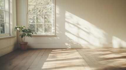 Fototapeta premium Sunlit Room Interior: Warm sunlight streams through a window, casting beautiful shadows across a hardwood floor. A potted plant adds a touch of life to the serene space. 