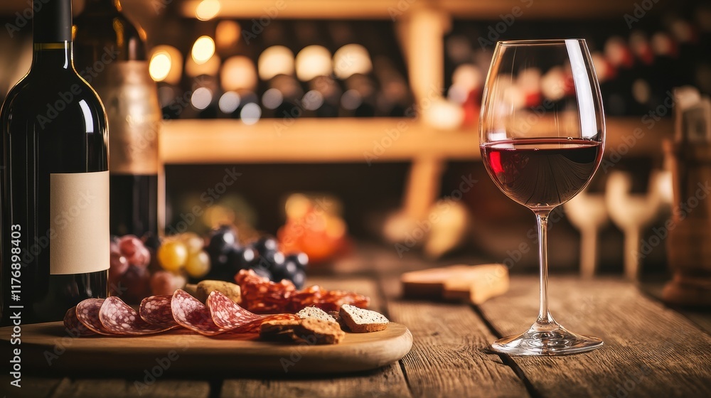 Poster elegant wine cellar featuring vintage bottles and a charcuterie board with red wine and tasting tabl