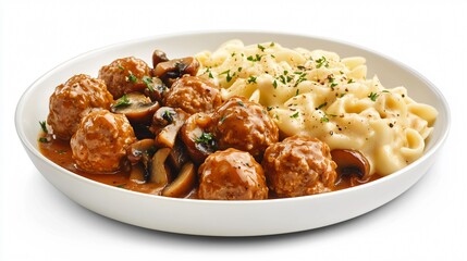Meatball stroganoff served with a side of sauteed mushrooms, isolated with a soft shadow for a realistic feel