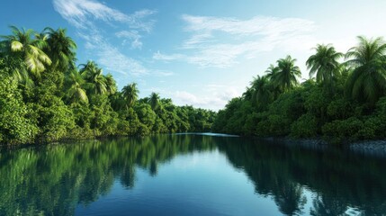 Serene tropical landscape with lush greenery and calm waters.