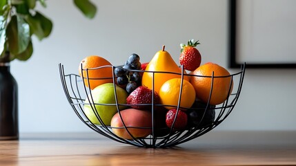 A designer fruit bowl with sculptural wireframe details