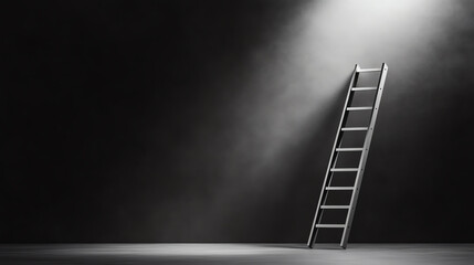 A lone ladder stands illuminated in a dark space, symbolizing aspirations and the journey towards success and personal growth.