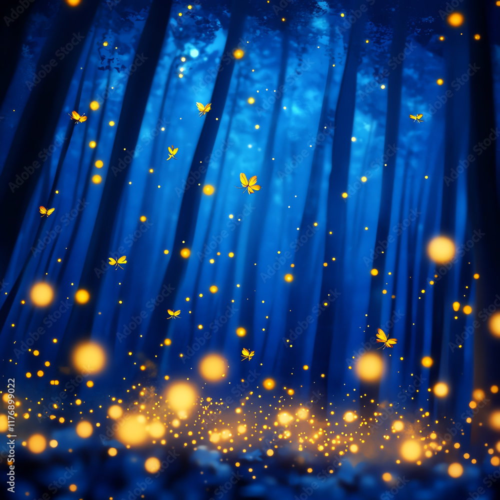 Poster a magical forest illuminated by glowing fireflies and soft blue light, creating a serene and enchant