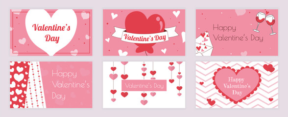 Valentines Day cover typography templates set for social media. Greeting cards design with happy romantic holiday, heart balloon and patterns, ribbons, love letters, garlands. Vector illustration.