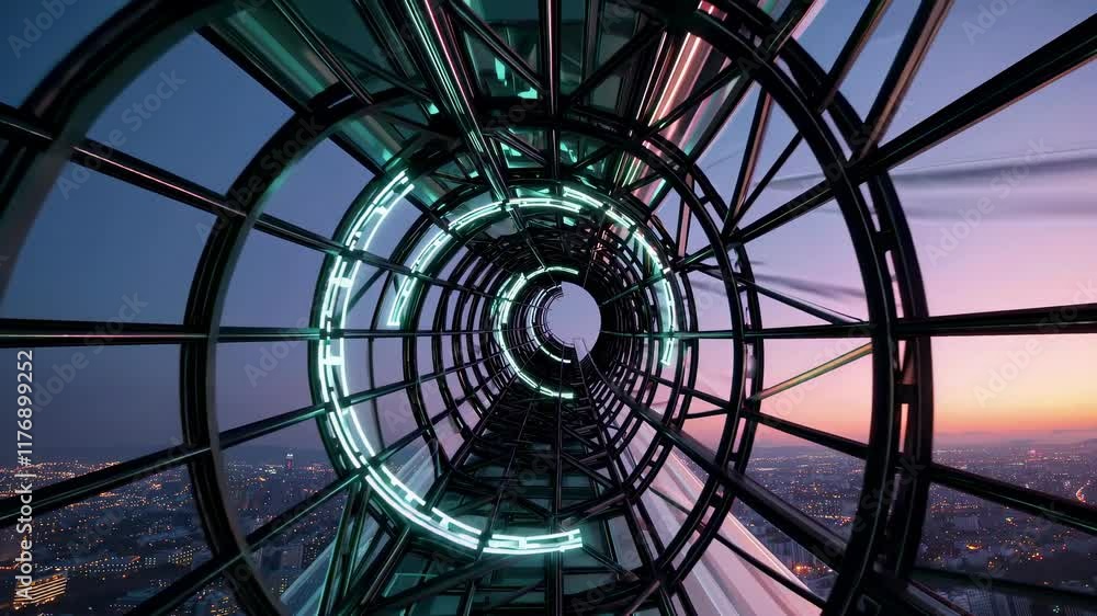 Poster exploring a stunning architectural structure at sunset with a unique circular design