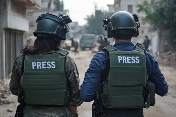A rear view of male and female journalists working as war correspondents in a conflict zone, wearing helmets and body armor, with their faces obscured. 
