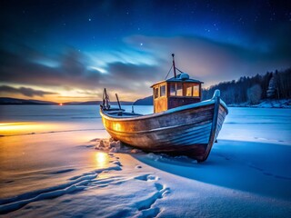 Fototapeta premium Frozen Lake Vintage Fishing Boat - Abstract Winter Landscape Stock Photo