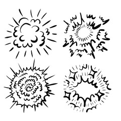 Comic boom effect. Cartoon vector bomb burst. Bang and pow splashes. Doodle smoke and speed energy lines.collection of Action crash hand drawn doodle.