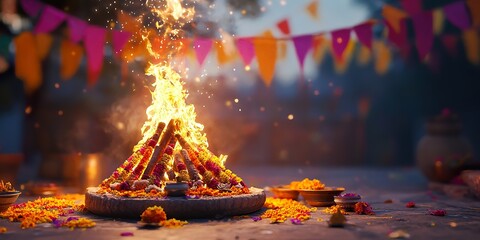 Vibrant Lohri Bonfire with Festive Decorations and Traditional Offerings: Perfect for Indian Culture and Winter Festival Stock Photography