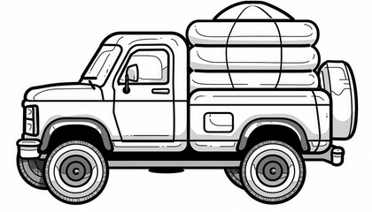 A classic pickup truck carries a stack of inflatable pool toys. Ideal for summer-themed designs or advertisements related to leisure and outdoor activities.