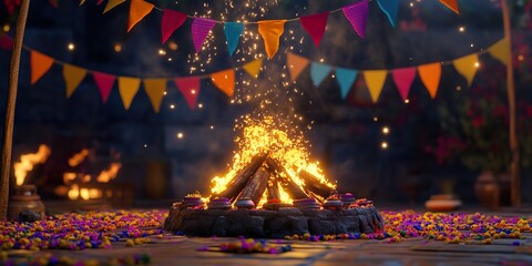 Vibrant Lohri Bonfire with Traditional Decor and Offerings: Festive Indian Celebration Image
