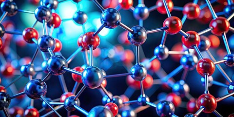 Macro Molecular Structure: Vibrant Red & Blue Atoms, Atomic Bonds, Science, Chemistry, Microscopy, Close-up, Nanotech, Research