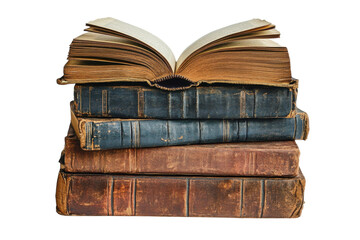 Old books stacked revealing pages on top, showcasing vintage and classic literature from various eras in a cozy setting