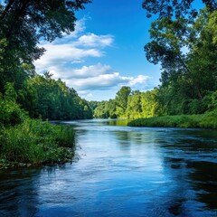 Naklejka premium Serene river flowing through lush green forest under a blue sky with fluffy clouds.