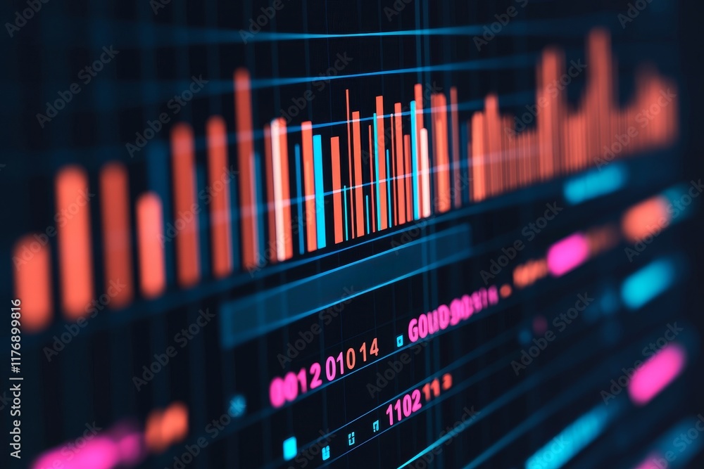 Aufkleber tax progress concept. colorful data visualization with bars and lines on a dark background.