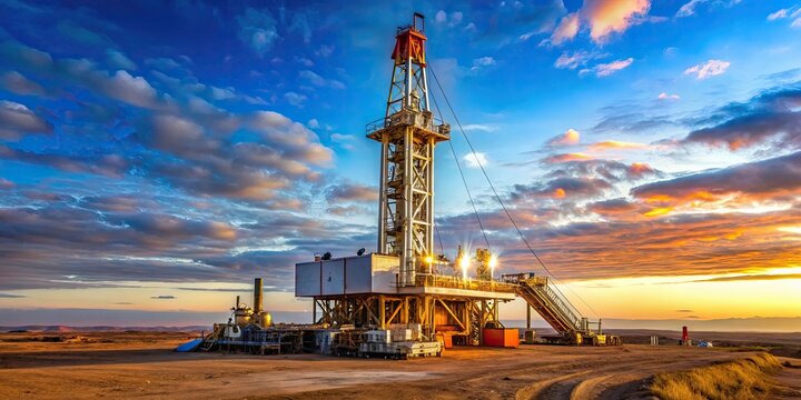 Drilling rig in operation at an oil field, oil, rig, extraction, petroleum, industry, energy, exploration, production, equipment