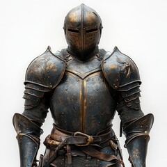 Weathered knight's armor, helmet, chainmail.