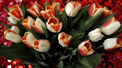 Red-white tulips bouquet, hearts background, Valentine's Day gift
