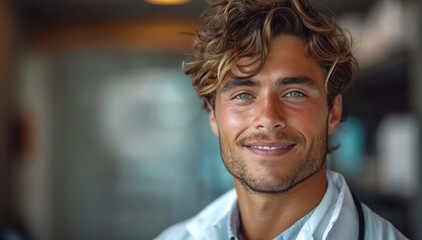 Naklejka premium A friendly and professional young male doctor with short wavy brown hair, wearing a white lab coat, smiling warmly.