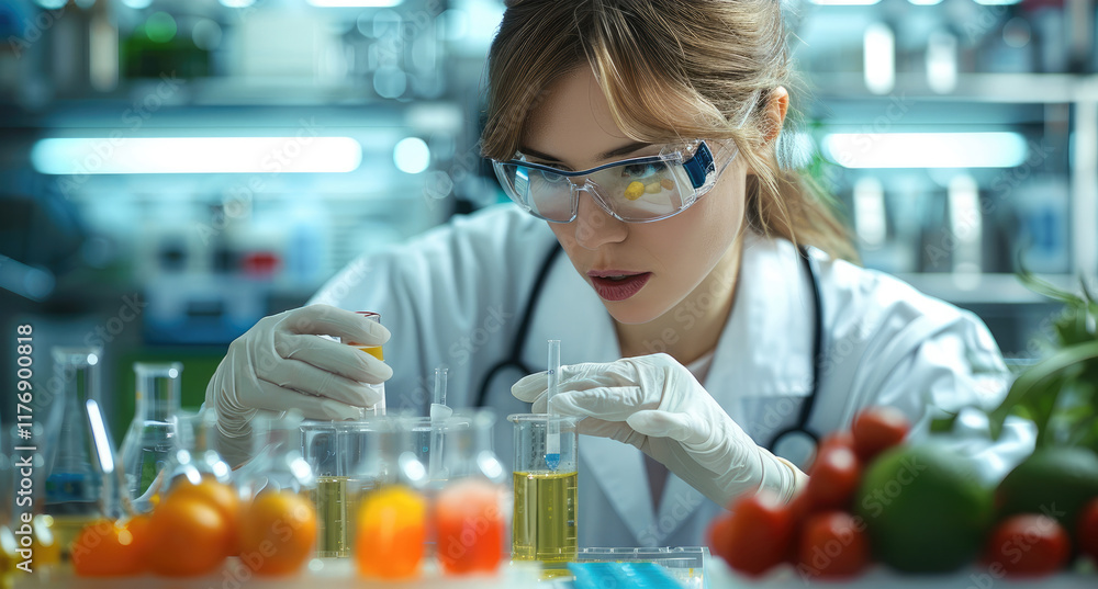 Poster a laboratory technician analyzing food samples on a lab bench, with scientific instruments and beake