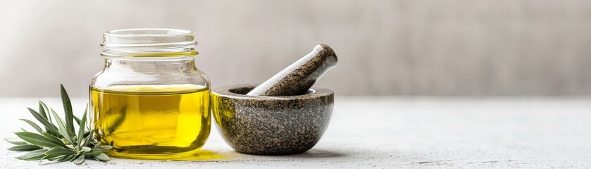 Olive oil with dementia concept. Glass jar of oil with a mortar and pestle on a kitchen countertop.