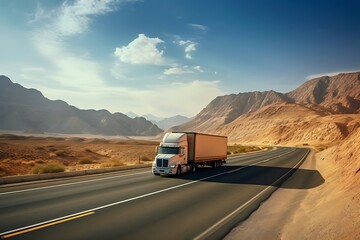 Obraz premium Truck driving along a highway in a desert landscape.