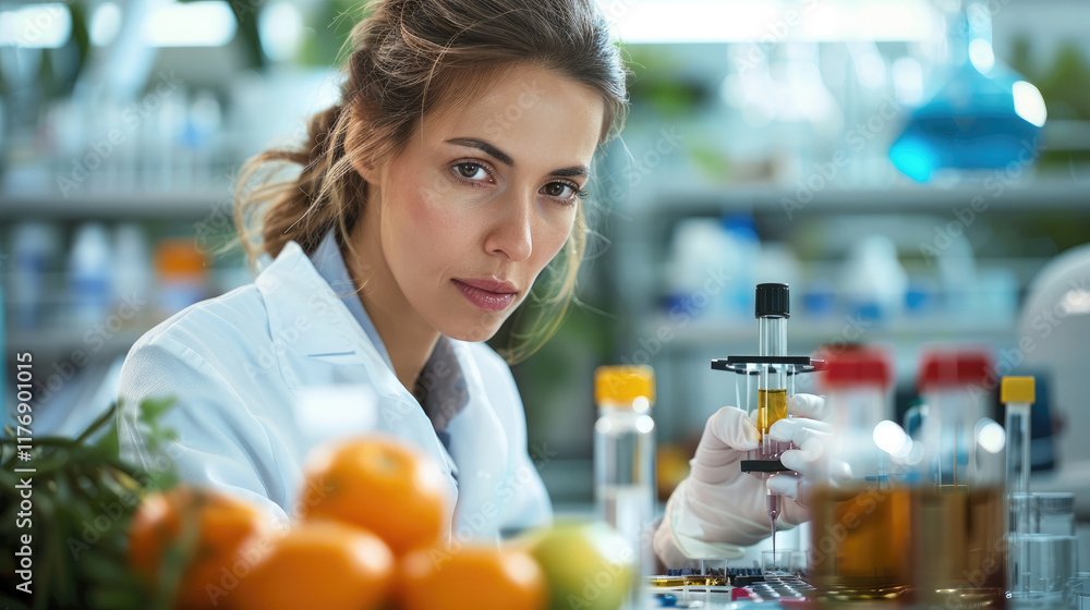 Poster a laboratory technician analyzing food samples on a lab bench, with scientific instruments and beake