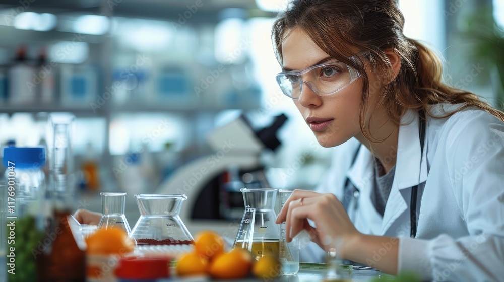 Poster a laboratory technician analyzing food samples on a lab bench, with scientific instruments and beake