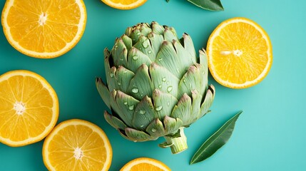 A fresh artichoke with dew drops, surrounded by citrus slices, isolated on a bright teal background