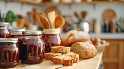 Food sharing with neighborhood concept. Jars of jam with sliced bread in a cozy kitchen setting.