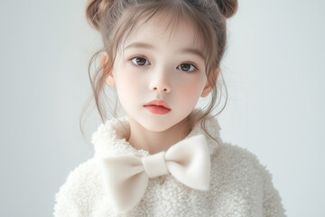 かわいい女の子のモデルの正面撮影。暖かいニットを着ている冬のファッションポートレート。