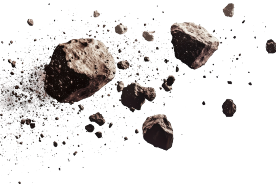 Rocks and debris scattered in a dynamic arrangement against a white background
