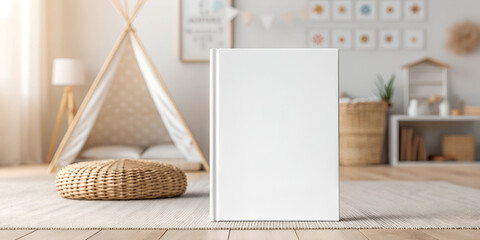 White children's book mockup standing on a wooden surface in a nursery room with a teepee tent, wicker ottoman, and soft lighting. Ideal for product design and book cover presentation.