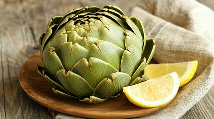 Fototapeta premium A freshly steamed artichoke with a side of lemon wedges, isolated on a rustic table with a soft cloth napkin