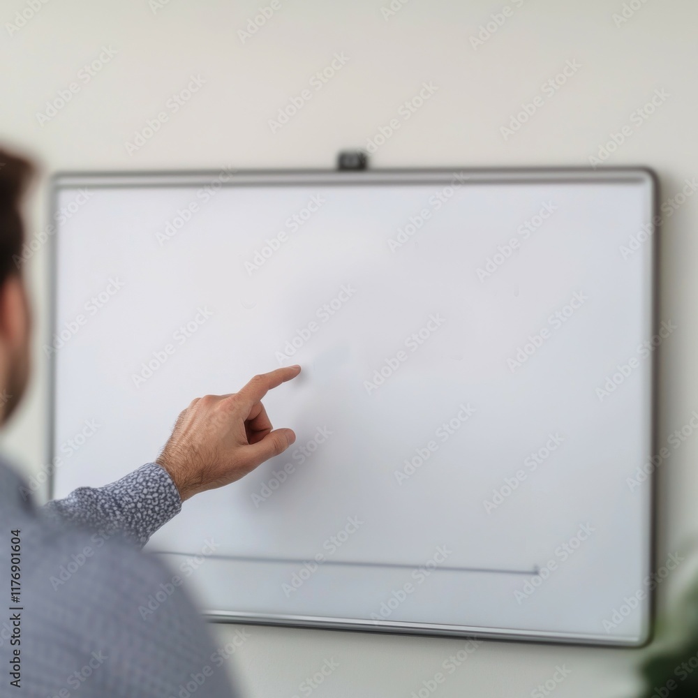 Poster person pointing at a blank whiteboard in an office setting.