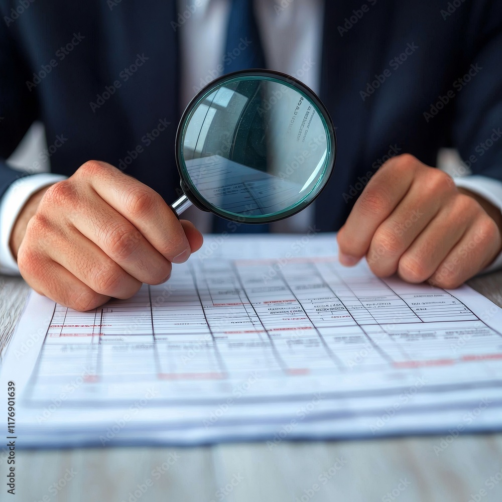 Aufkleber tax progress concept. professional examining a document with a magnifying glass on a desk.