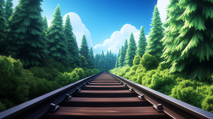 A peaceful railway track winding through lush green forests under a clear blue sky, inviting exploration and adventure.