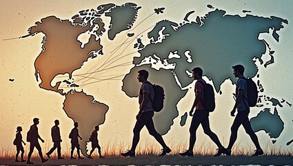 Diverse people traverse a world map, depicting global migration due to economic, crisis, war, and environmental factors