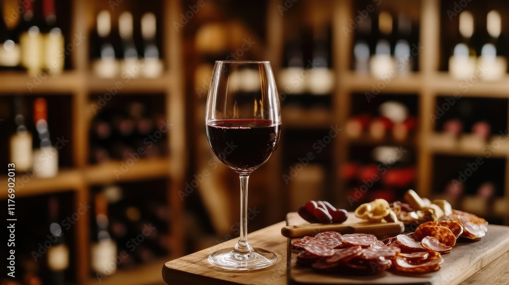 Poster elegant wine cellar featuring vintage bottles, a tasting table with red wine and a charcuterie board