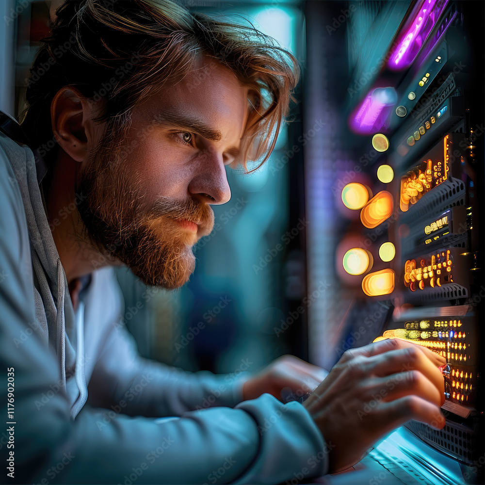 Poster Telecommunications engineer sitting in front of an edge switch router with a laptop.