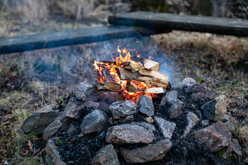 Fireplace with open flames and wooden benches