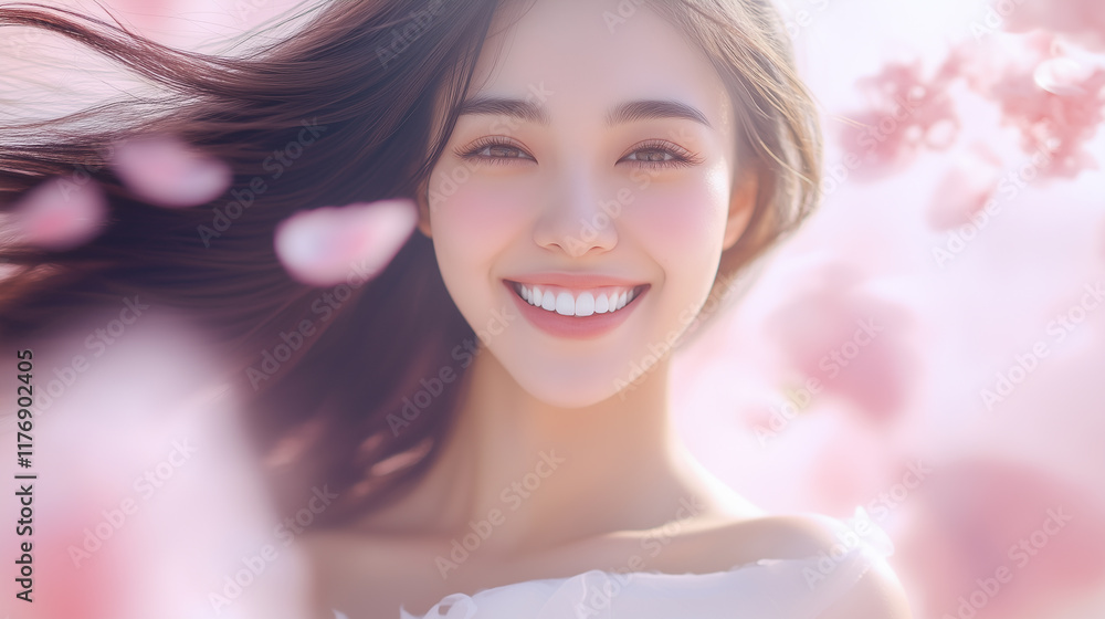 Poster 美肌の若くて可愛いアジア人女性のポートレート。ピンク色の綺麗な花に囲まれたビューティーショット。