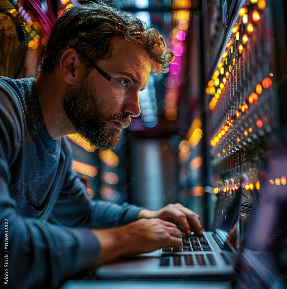 Poster Telecommunications engineer sitting in front of an edge switch router with a laptop.
