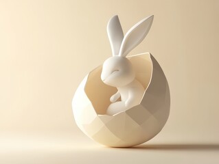 Obraz premium A rabbit inside a cracked eggshell in a minimalist setting