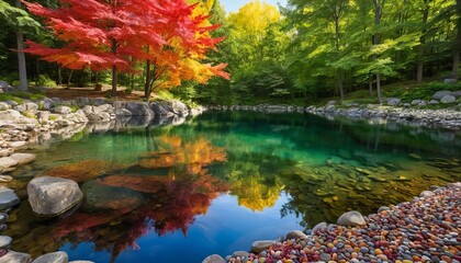 Autumn Serenity: A serene pond nestled amidst a vibrant tapestry of autumn foliage.