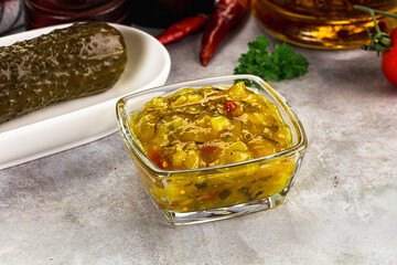 Souce gherkin relish with marinated cucumbers