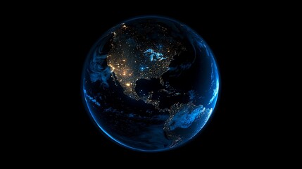 A digital rendering of the Earth, illuminated with nighttime city lights, is shown against a dark background.