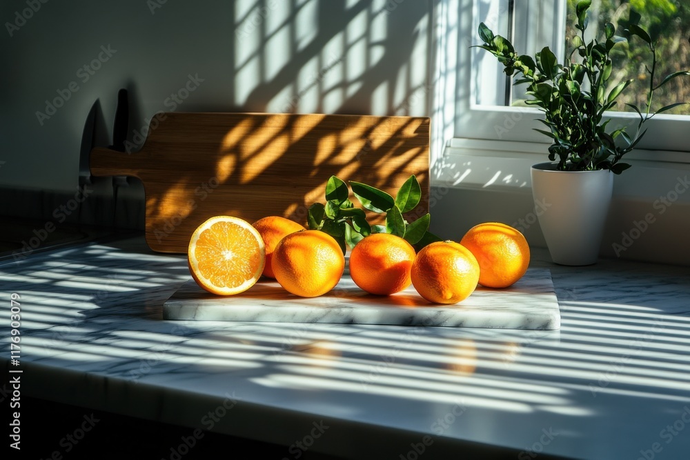 Poster fresh oranges on a marble countertop with natural light and shadow patterns from kitchen window