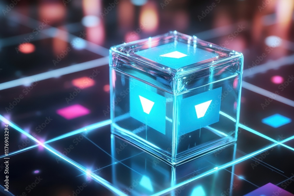 Poster futuristic transparent cube with glowing symbols on a digital grid at night