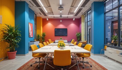 Modern Colorful Meeting Room: Bright, inspiring, and welcoming, this modern meeting room boasts a vibrant color palette, sleek furniture, and natural light, perfect for brainstorming, collaboration.